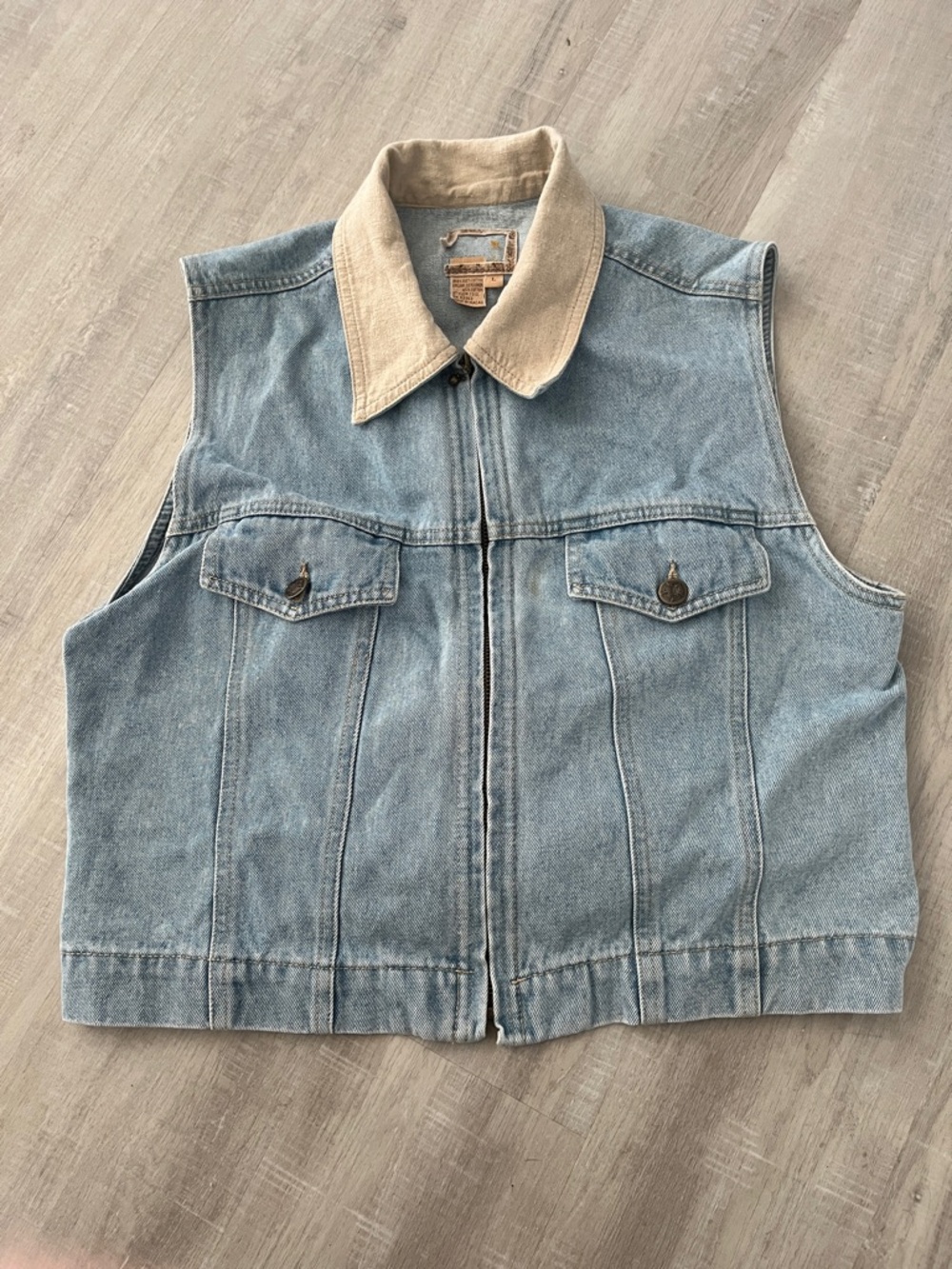 Ami Light Blue Denim Vest with Tan Stitching and Bronze Button